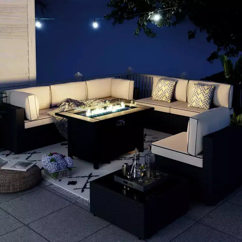 Celebalcony - Ensemble de conversation d'extérieur 8 pièces avec canapé modulable, cadre noir et table brasero