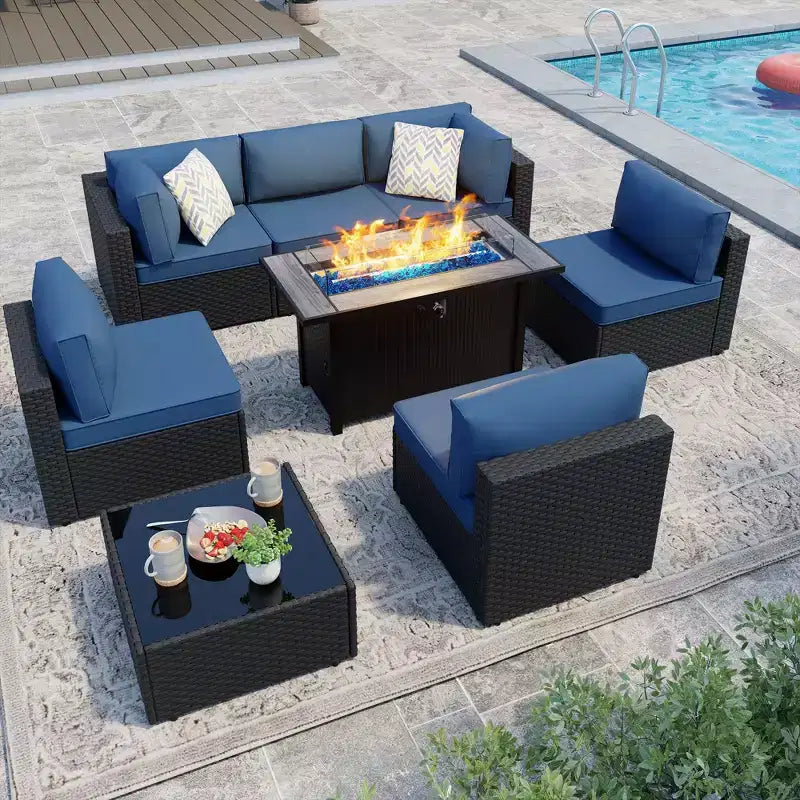 Celebalcony - Ensemble de conversation d'extérieur 8 pièces avec canapé modulable, cadre noir et table brasero