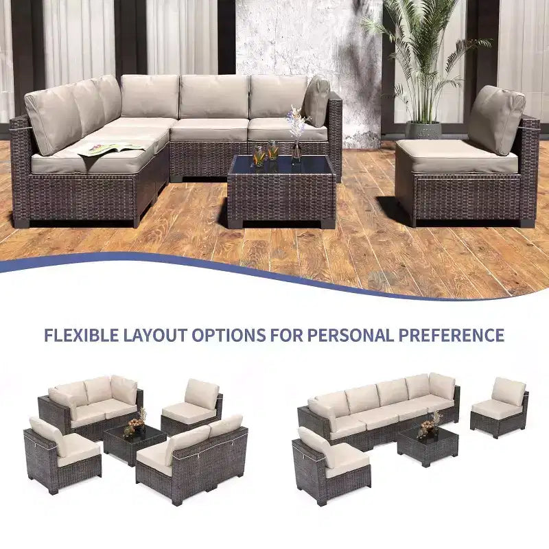 Acekool Ensemble de meubles de patio 7 pièces, canapé sectionnel en osier avec table basse et coussins, canapé modulaire d'extérieur