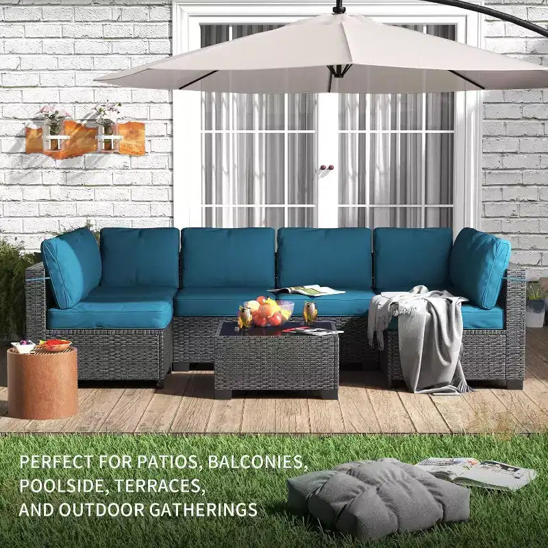 Acekool Ensemble de meubles de patio 7 pièces, canapé sectionnel en osier avec table basse et coussins, canapé modulaire d'extérieur