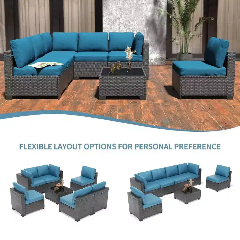 Acekool Ensemble de meubles de patio 7 pièces, canapé sectionnel en osier avec table basse et coussins, canapé modulaire d'extérieur