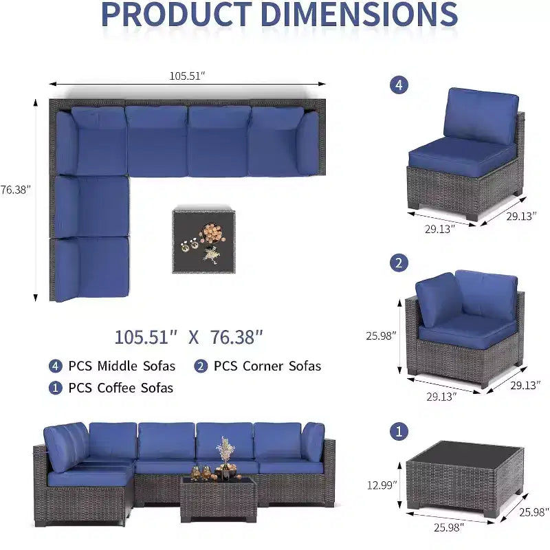 Acekool Ensemble de meubles de patio 7 pièces, canapé sectionnel en osier avec table basse et coussins, canapé modulaire d'extérieur