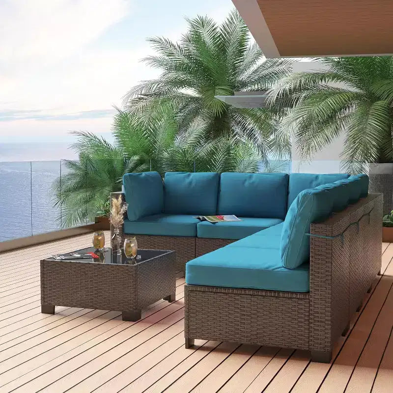 Acekool Ensemble de meubles de patio 7 pièces, canapé sectionnel en osier avec table basse et coussins, canapé modulaire d'extérieur