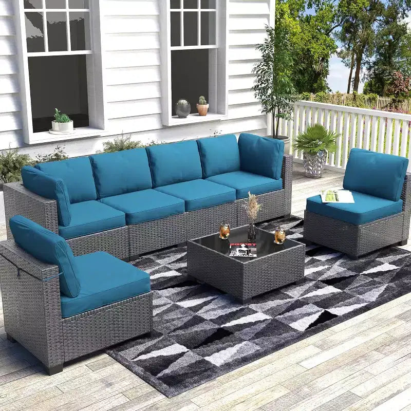 Acekool Ensemble de meubles de patio 7 pièces, canapé sectionnel en osier avec table basse et coussins, canapé modulaire d'extérieur