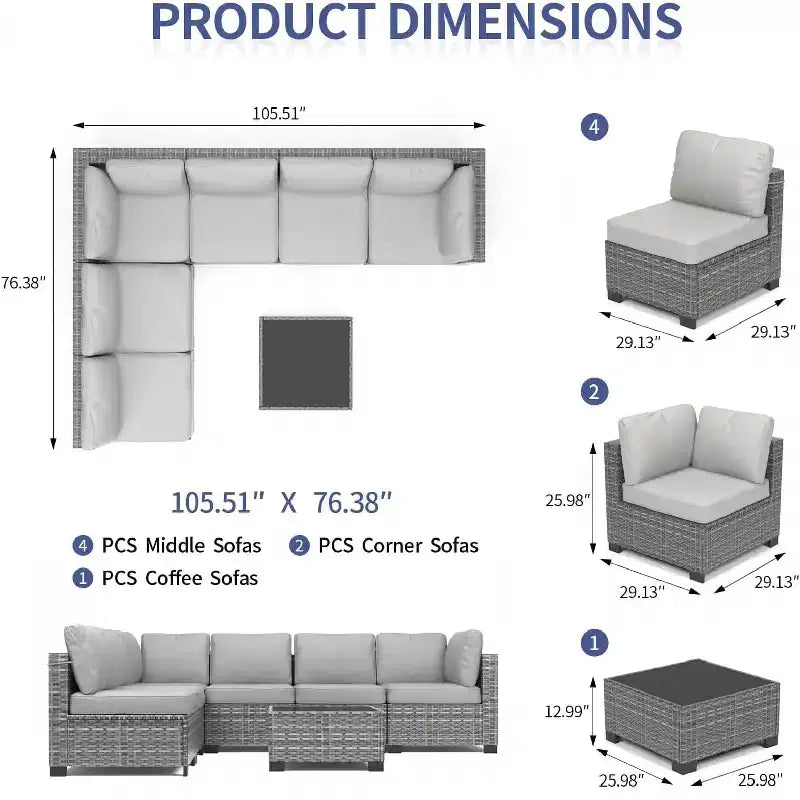 Acekool Ensemble de meubles de patio 7 pièces, canapé sectionnel en osier avec table basse et coussins, canapé modulaire d'extérieur
