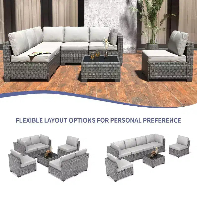 Acekool Ensemble de meubles de patio 7 pièces, canapé sectionnel en osier avec table basse et coussins, canapé modulaire d'extérieur