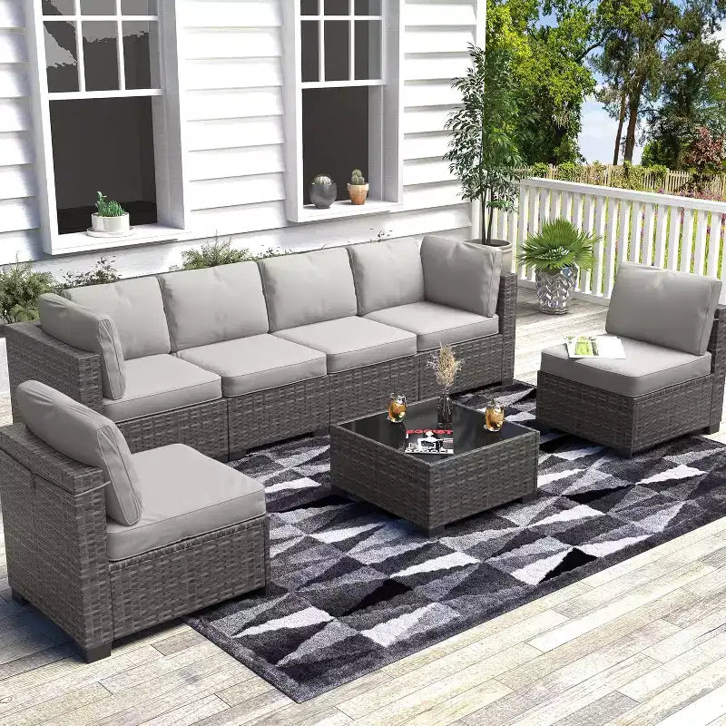 Acekool Ensemble de meubles de patio 7 pièces, canapé sectionnel en osier avec table basse et coussins, canapé modulaire d'extérieur