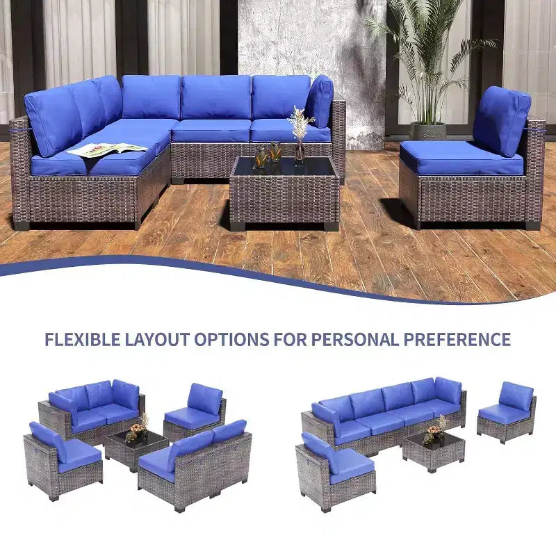 Acekool Ensemble de meubles de patio 7 pièces, canapé sectionnel en osier avec table basse et coussins, canapé modulaire d'extérieur