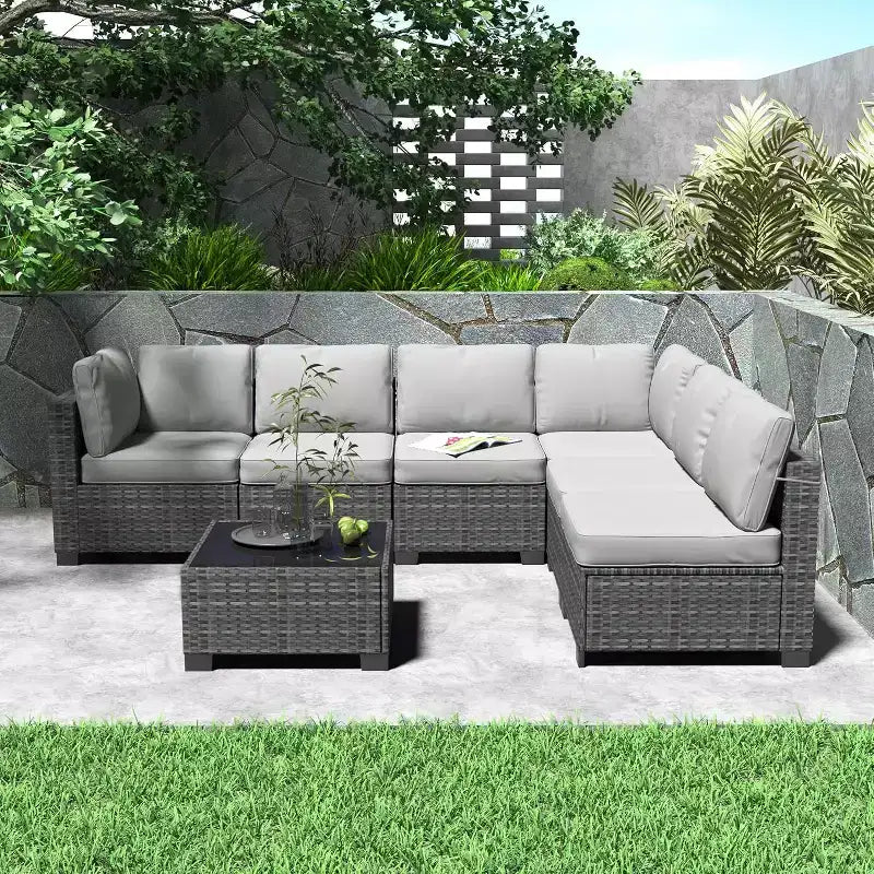 Acekool Ensemble de meubles de patio 7 pièces, canapé sectionnel en osier avec table basse et coussins, canapé modulaire d'extérieur