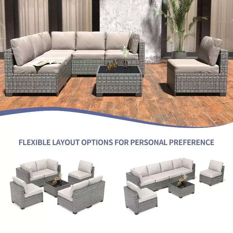 Acekool Ensemble de meubles de patio 7 pièces, canapé sectionnel en osier avec table basse et coussins, canapé modulaire d'extérieur