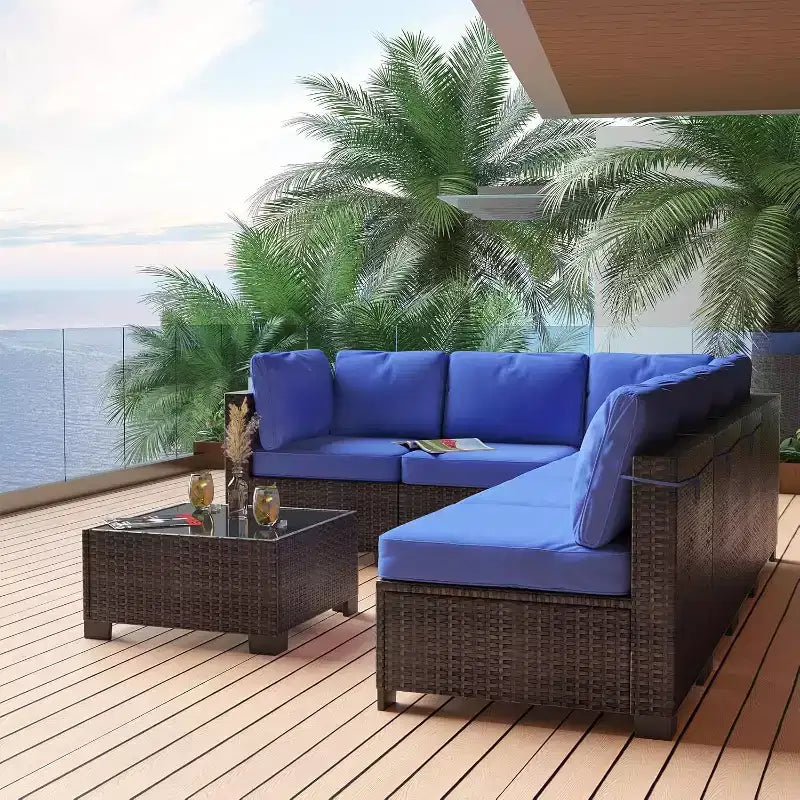 Acekool Ensemble de meubles de patio 7 pièces, canapé sectionnel en osier avec table basse et coussins, canapé modulaire d'extérieur