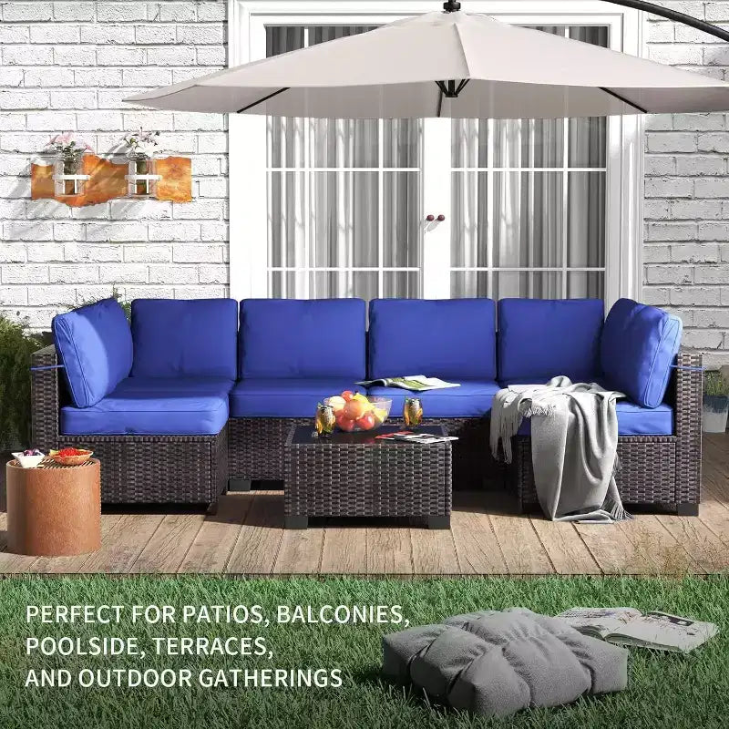 Acekool Ensemble de meubles de patio 7 pièces, canapé sectionnel en osier avec table basse et coussins, canapé modulaire d'extérieur