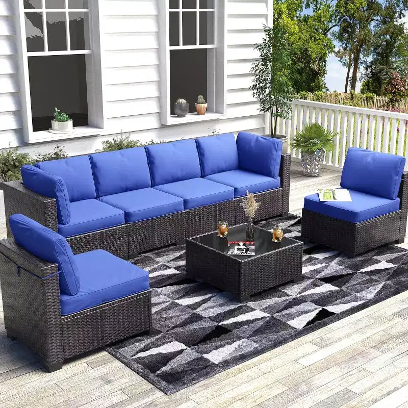 Acekool 7-Piece Patio Furniture Set, Wicker Sectional Sofa with Coffee Table & Cushions, Outdoor Modular Couch