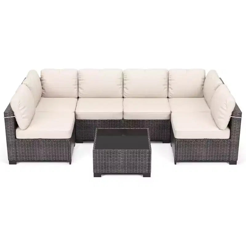 Acekool Ensemble de meubles de patio 7 pièces, canapé sectionnel en osier avec table basse et coussins, canapé modulaire d'extérieur