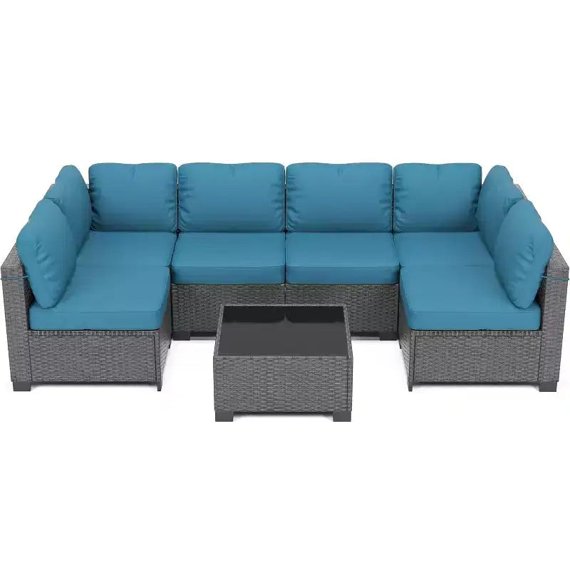 Acekool Ensemble de meubles de patio 7 pièces, canapé sectionnel en osier avec table basse et coussins, canapé modulaire d'extérieur
