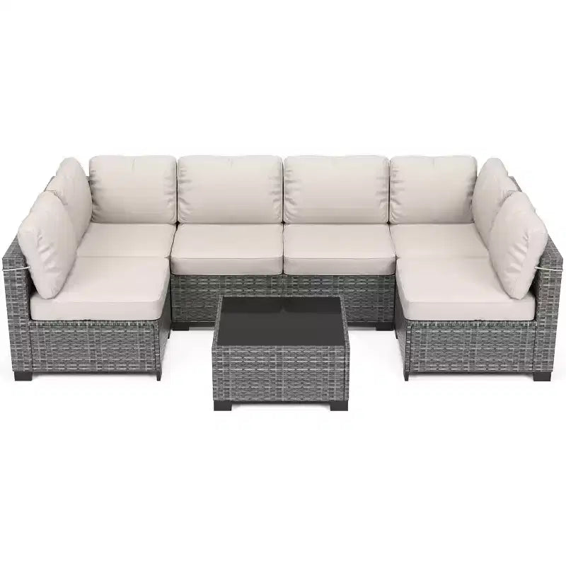 Acekool Ensemble de meubles de patio 7 pièces, canapé sectionnel en osier avec table basse et coussins, canapé modulaire d'extérieur
