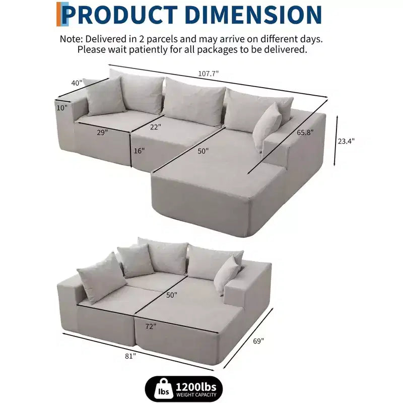 Canapé d'angle convertible en L de 272 cm, canapé modulaire rembourré avec assise profonde, canapé-lit sans assemblage requis pour salon