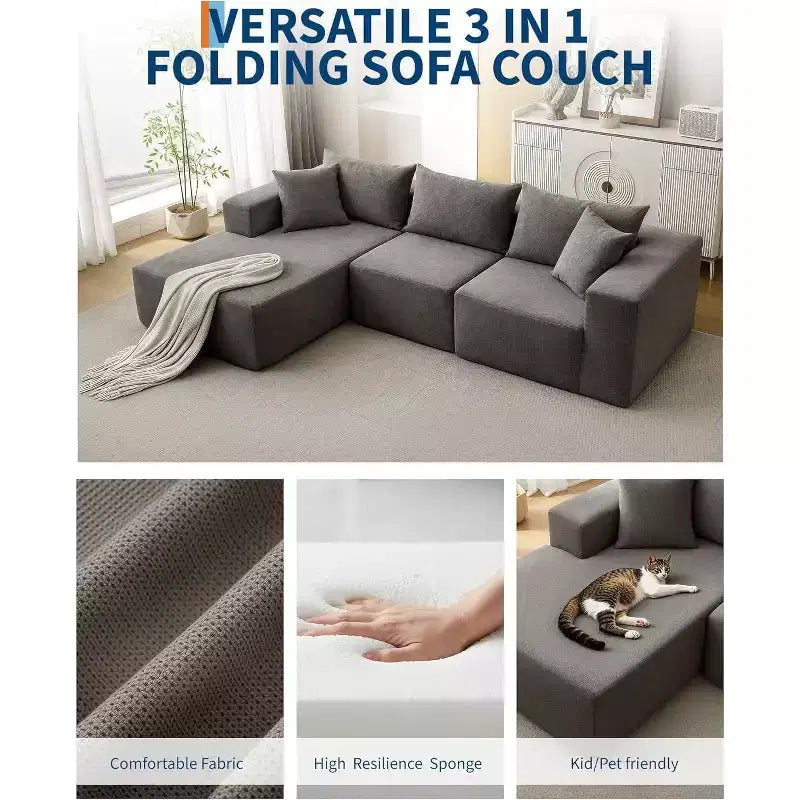 Canapé d'angle convertible en L de 272 cm, canapé modulaire rembourré avec assise profonde, canapé-lit sans assemblage requis pour salon