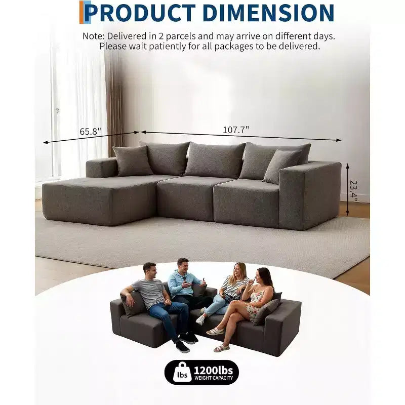 Canapé d'angle convertible en L de 272 cm, canapé modulaire rembourré avec assise profonde, canapé-lit sans assemblage requis pour salon