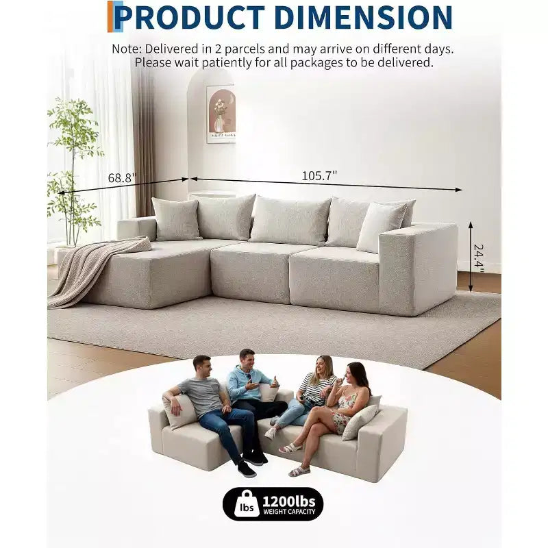 Canapé d'angle convertible en L de 272 cm, canapé modulaire rembourré avec assise profonde, canapé-lit sans assemblage requis pour salon