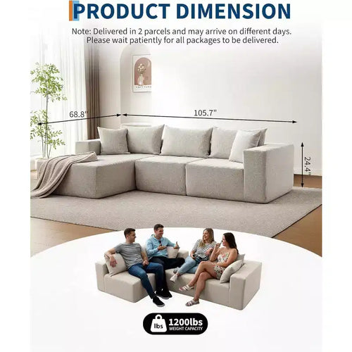 Canapé d'angle convertible en L de 272 cm, canapé modulaire rembourré avec assise profonde, canapé-lit sans assemblage requis pour salon