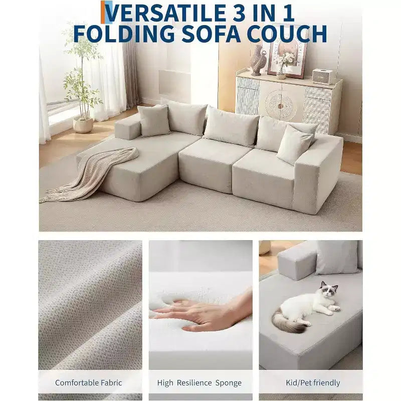 Canapé d'angle convertible en L de 272 cm, canapé modulaire rembourré avec assise profonde, canapé-lit sans assemblage requis pour salon