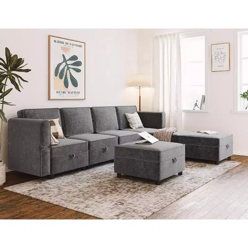 Sofa, 7-Seat U-Shaped Modular Sectional with Ottomans  Chenille Sleeper Couch with Storage/Chaise Adjustable Backrest for Living Room Grey