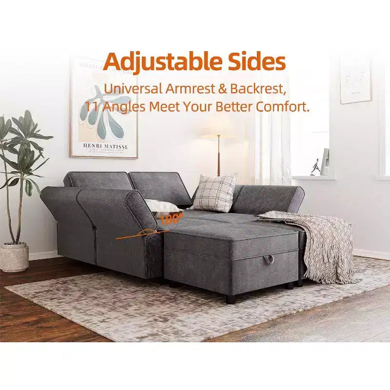Canapé sectionnel modulaire en U 7 places avec poufs, en chenille, avec rangement/méridienne, dossier réglable pour salon, gris