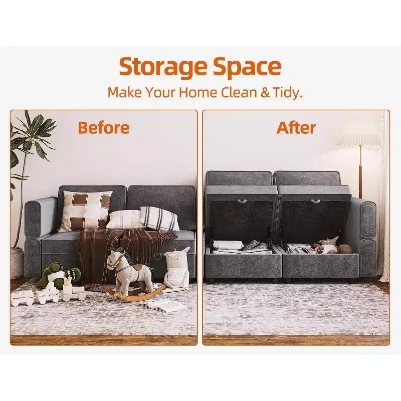 Canapé sectionnel modulaire en U 7 places avec poufs, en chenille, avec rangement/méridienne, dossier réglable pour salon, gris