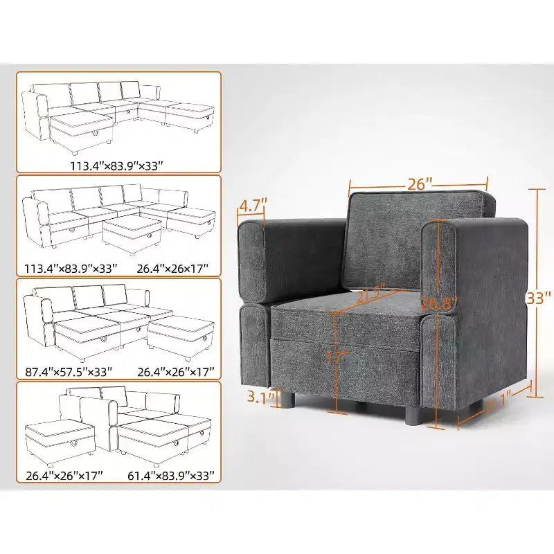 Canapé sectionnel modulaire en U 7 places avec poufs, en chenille, avec rangement/méridienne, dossier réglable pour salon, gris