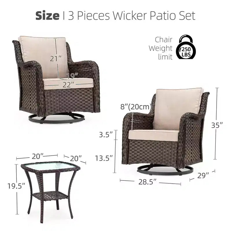 COZONY Salon de jardin 3 pièces en osier avec fauteuils pivotants à 360° et table d'appoint en verre trempé pour balcon, jardin ou terrasse