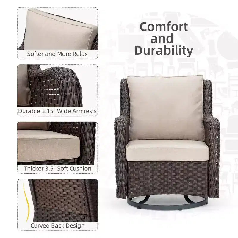 COZONY Salon de jardin 3 pièces en osier avec fauteuils pivotants à 360° et table d'appoint en verre trempé pour balcon, jardin ou terrasse