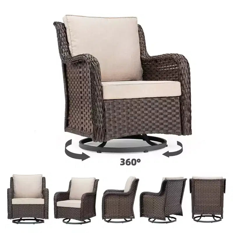 COZONY Salon de jardin 3 pièces en osier avec fauteuils pivotants à 360° et table d'appoint en verre trempé pour balcon, jardin ou terrasse