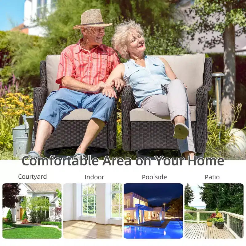 COZONY Salon de jardin 3 pièces en osier avec fauteuils pivotants à 360° et table d'appoint en verre trempé pour balcon, jardin ou terrasse