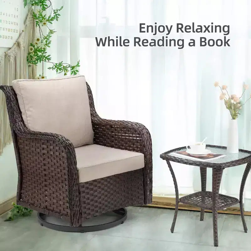 COZONY Salon de jardin 3 pièces en osier avec fauteuils pivotants à 360° et table d'appoint en verre trempé pour balcon, jardin ou terrasse