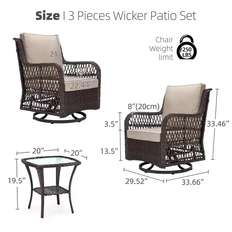 COZONY Salon de jardin 3 pièces en osier avec fauteuils pivotants à 360° et table d'appoint en verre trempé pour balcon, jardin ou terrasse