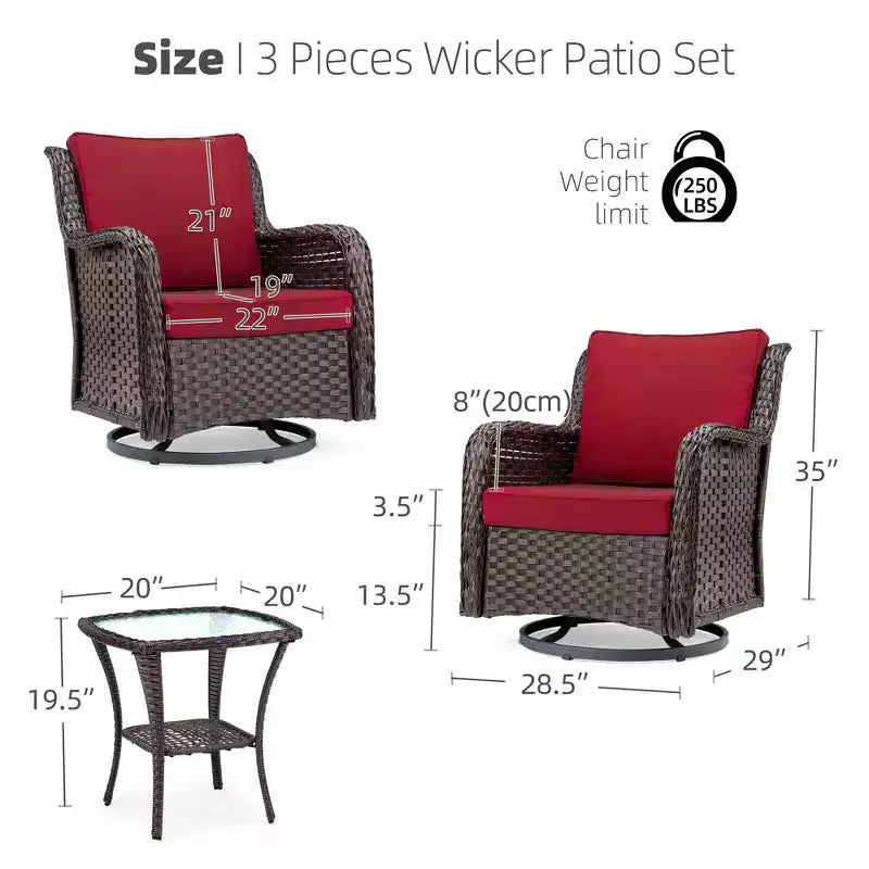 COZONY Salon de jardin 3 pièces en osier avec fauteuils pivotants à 360° et table d'appoint en verre trempé pour balcon, jardin ou terrasse