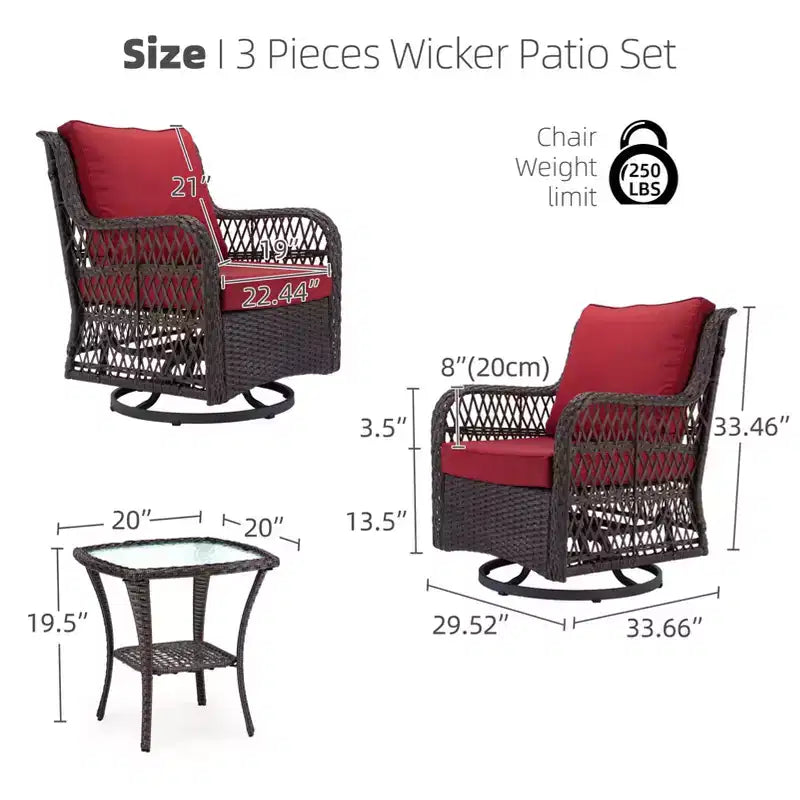 COZONY Salon de jardin 3 pièces en osier avec fauteuils pivotants à 360° et table d'appoint en verre trempé pour balcon, jardin ou terrasse