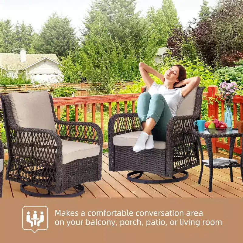 COZONY Salon de jardin 3 pièces en osier avec fauteuils pivotants à 360° et table d'appoint en verre trempé pour balcon, jardin ou terrasse