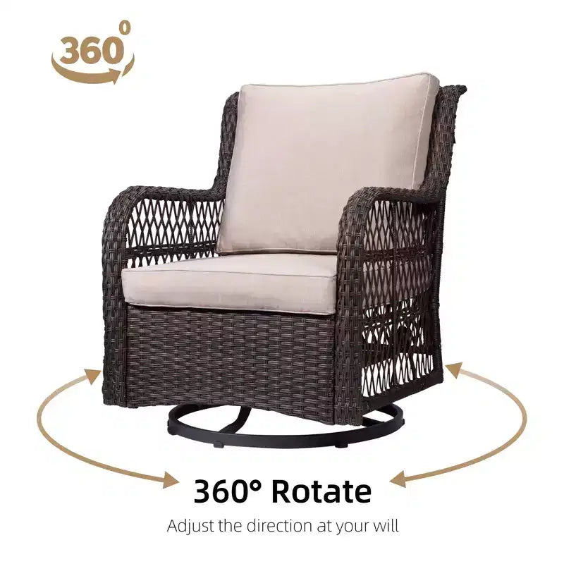 COZONY Salon de jardin 3 pièces en osier avec fauteuils pivotants à 360° et table d'appoint en verre trempé pour balcon, jardin ou terrasse