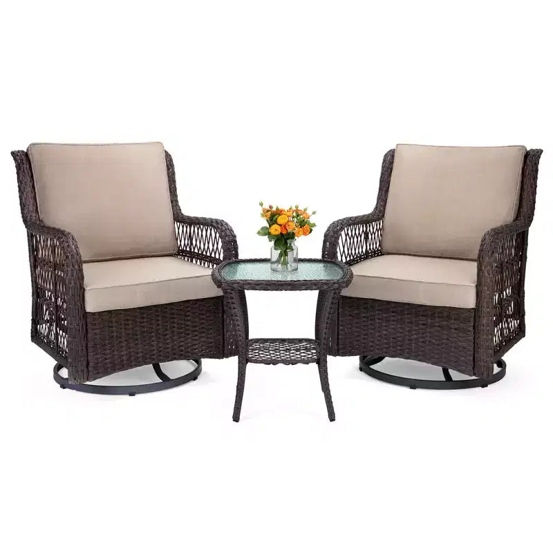COZONY 3-Piece Outdoor Wicker Swivel Rocker Patio Set with 360 Swivel Rocking Chairs & Tempered Glass Side Table for Balcony Garden Deck