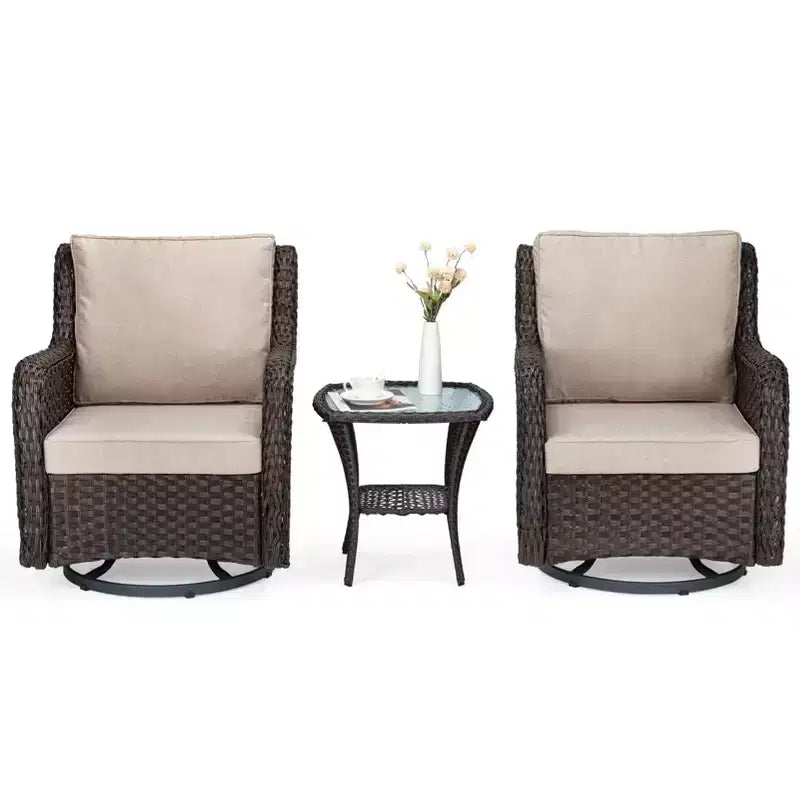 COZONY Salon de jardin 3 pièces en osier avec fauteuils pivotants à 360° et table d'appoint en verre trempé pour balcon, jardin ou terrasse