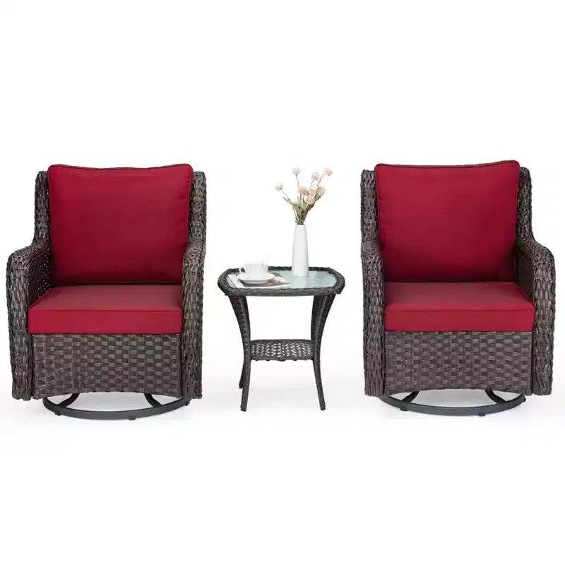 COZONY Salon de jardin 3 pièces en osier avec fauteuils pivotants à 360° et table d'appoint en verre trempé pour balcon, jardin ou terrasse