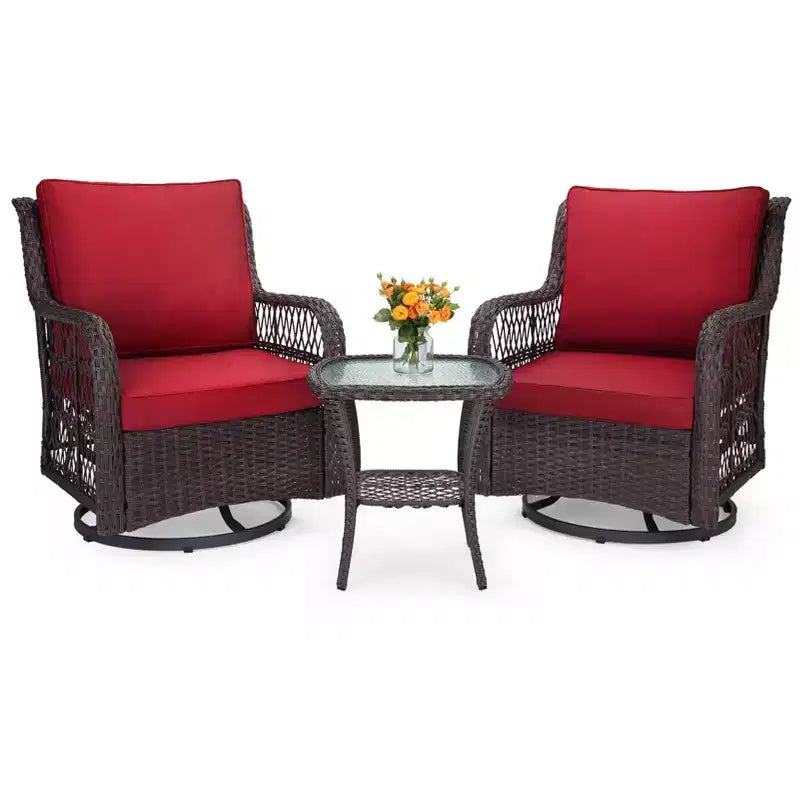 COZONY Salon de jardin 3 pièces en osier avec fauteuils pivotants à 360° et table d'appoint en verre trempé pour balcon, jardin ou terrasse