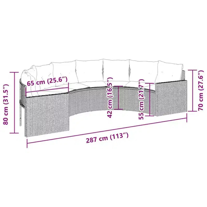 vidaXL Canapé de jardin avec coussins, canapé demi-rond, rotin synthétique gris - Sans table