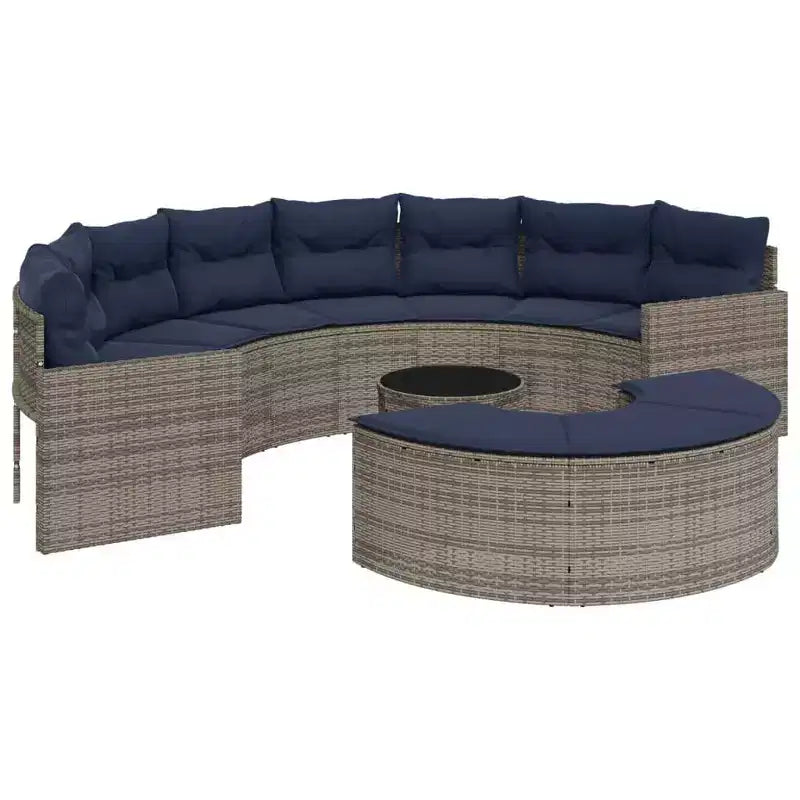 vidaXL Patio Sofa Set - 3 Piece Half-Round Garden Furniture - Durable Gray Poly Rattan Outdoor Seating with Navy Cushions and Tempered Glass Table