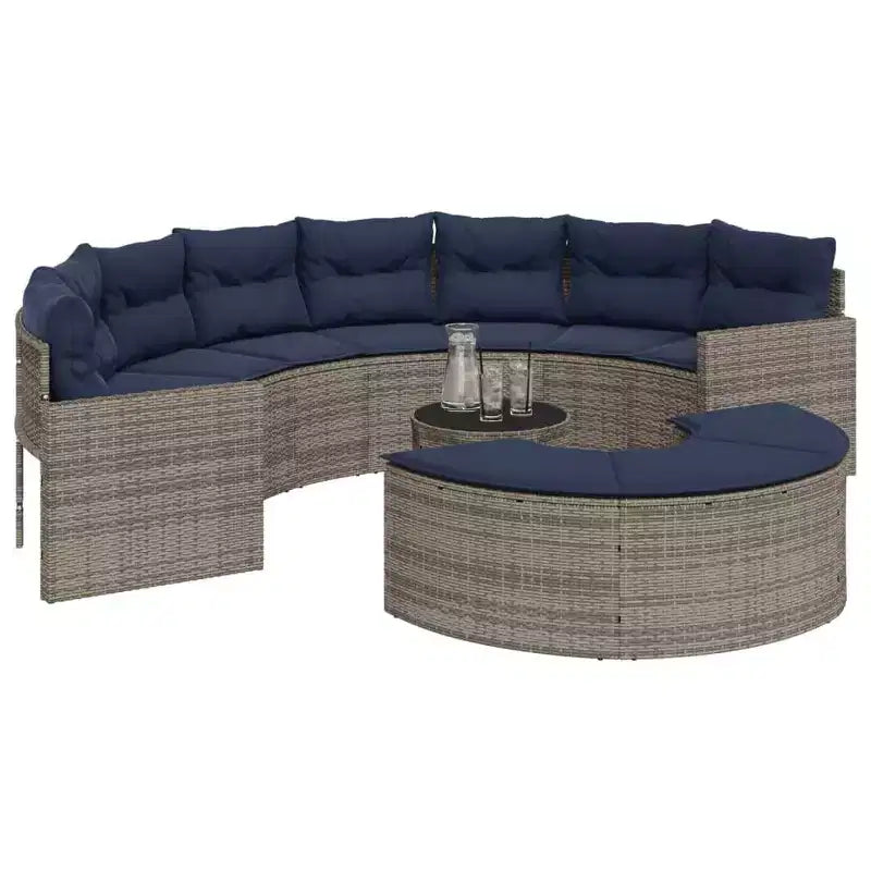 vidaXL Salon de jardin - 3 pièces semi-circulaire - Mobilier de jardin en résine tressée gris durable avec coussins bleu marine et table en verre trempé