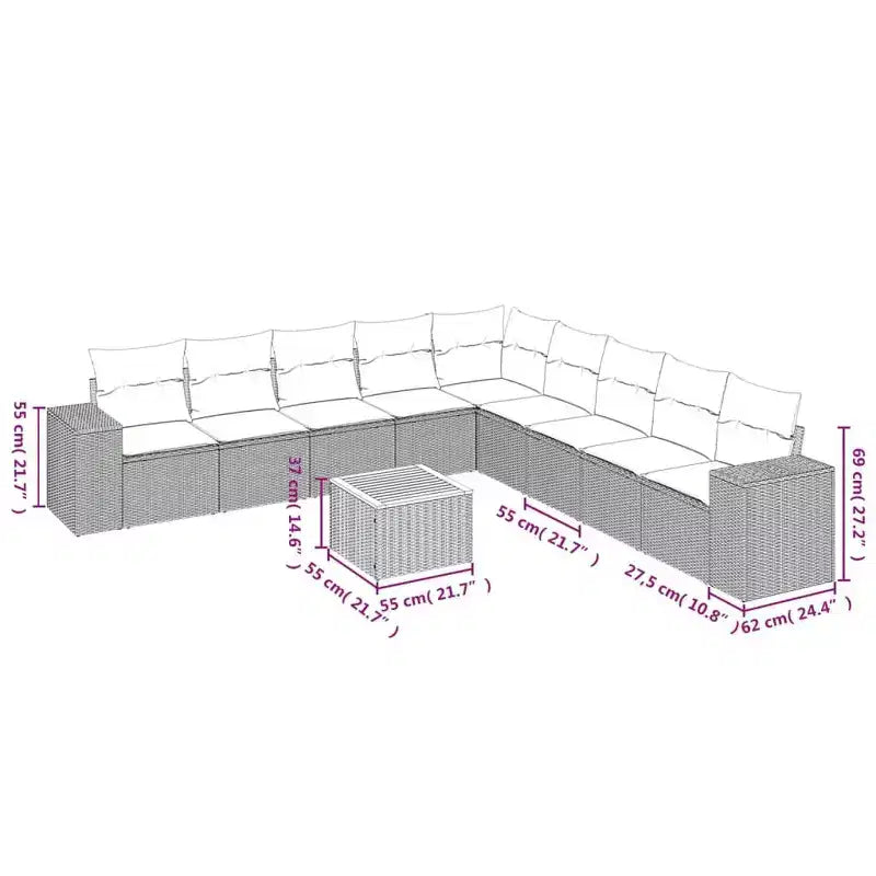 vidaXL Salon de jardin 10 pcs avec coussins résine tressée noir