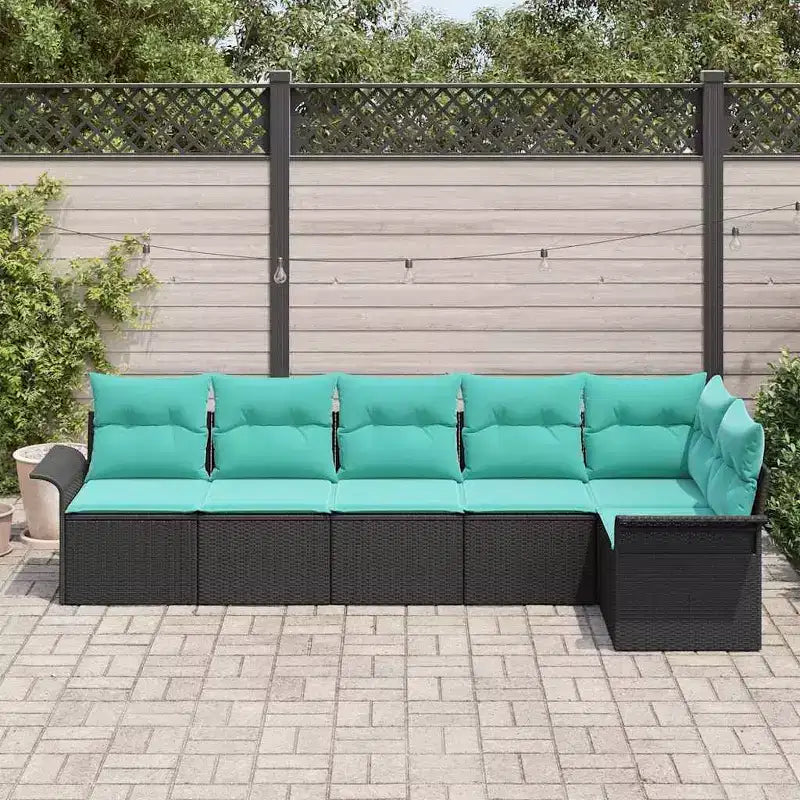 vidaXL Salon de jardin avec coussins 6 pcs Résine tressée Noir - Noir et Turquoise sans table