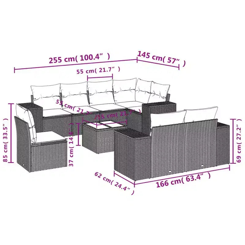 vidaXL Salon de jardin 9 pcs avec coussins résine tressée noir